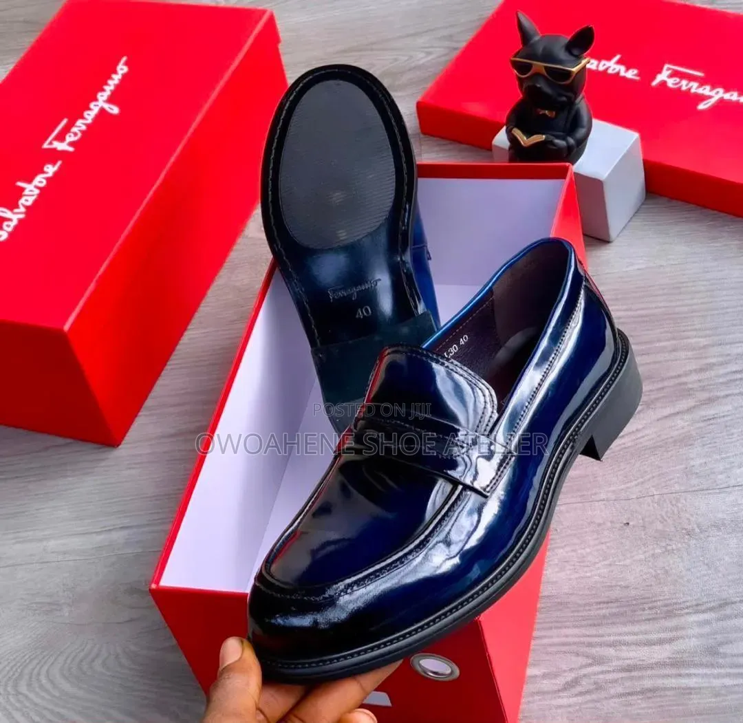 Salvatore Ferragamo Navy Blue Patent Leather Penny Loafers