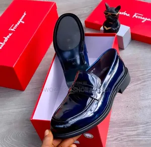 Salvatore Ferragamo Navy Blue Patent Leather Penny Loafers