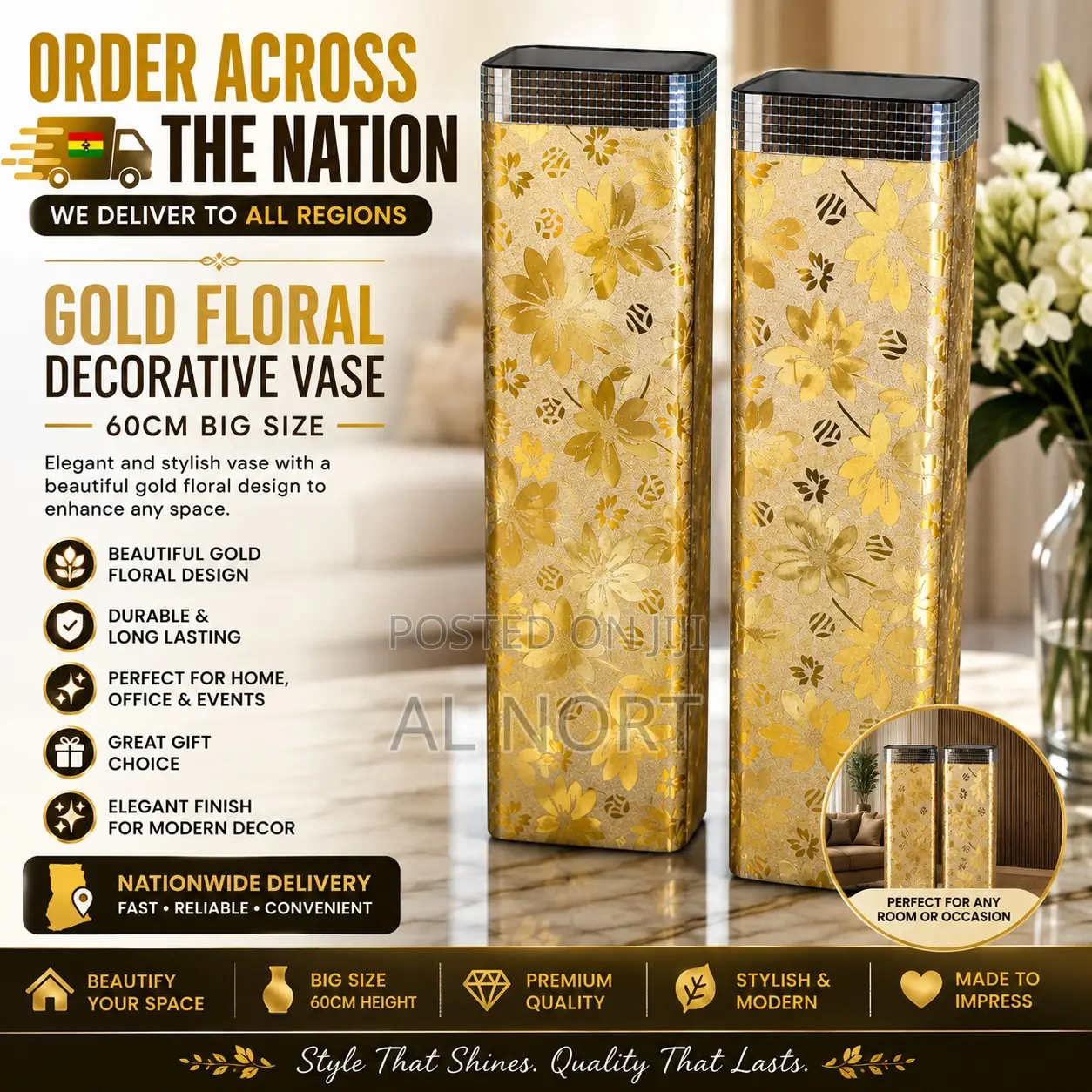 Gold Floral Decorative Vase – 60cm Big Size