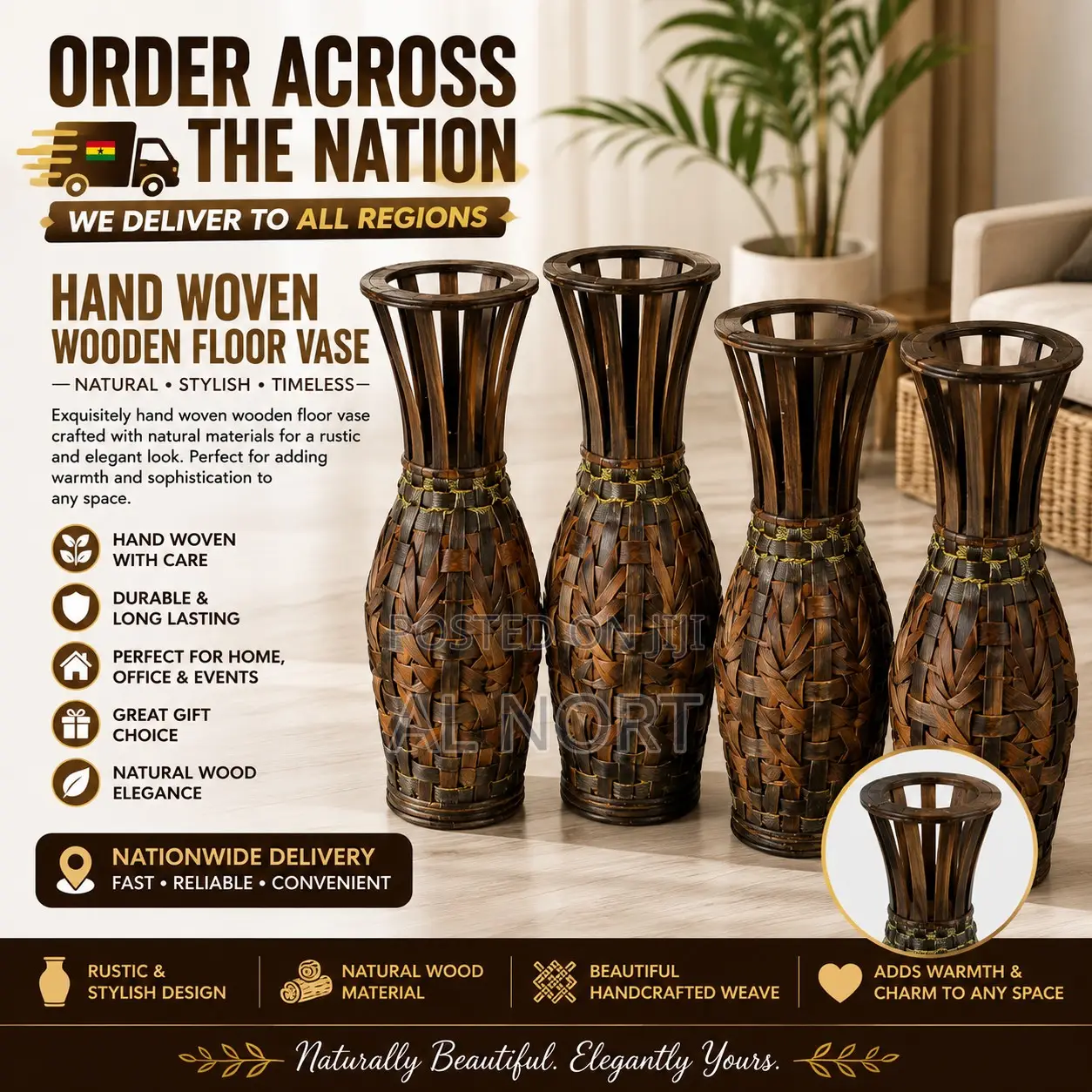 Hand-Woven Wooden Floor Vase – Brown