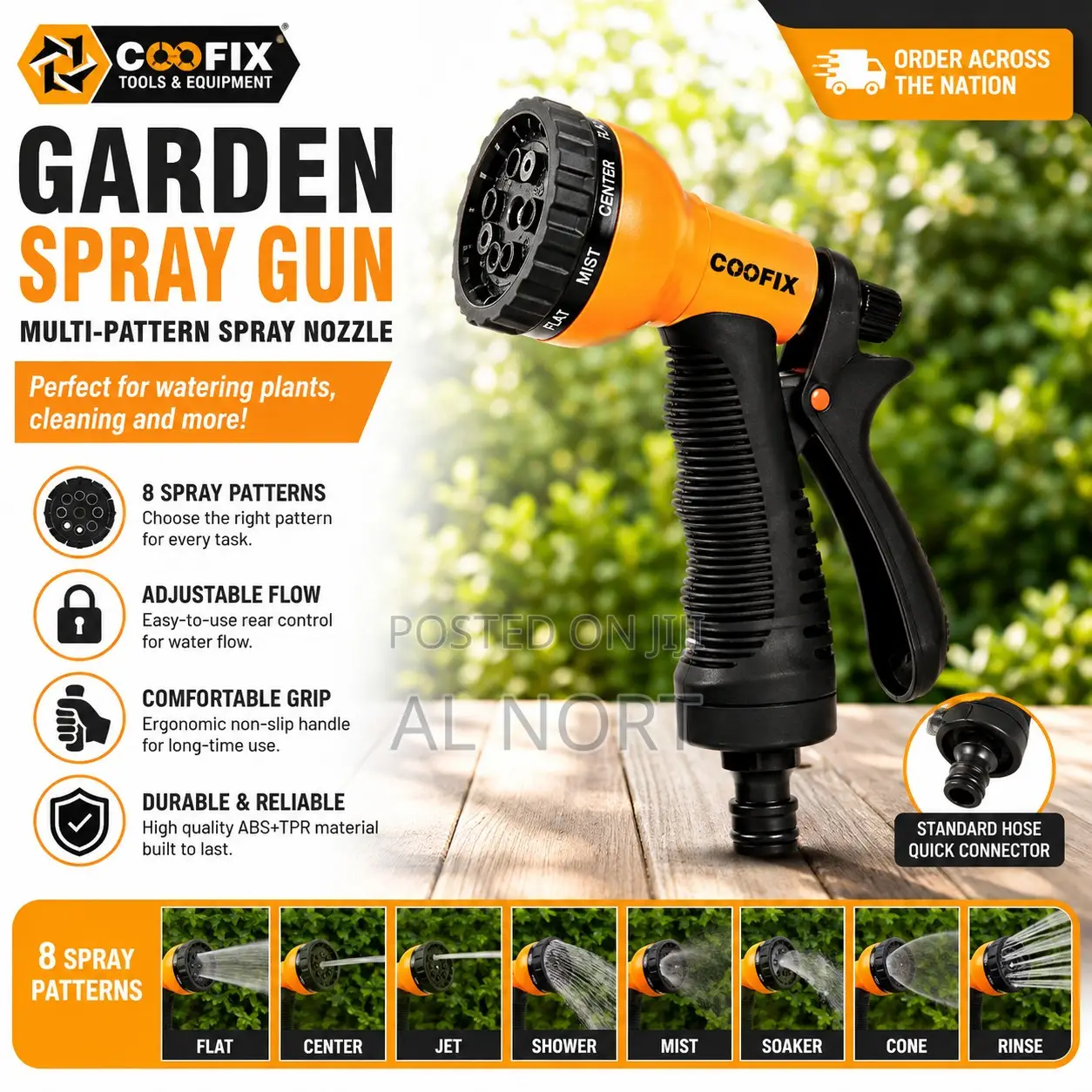 COOFIX Garden Spray Gun – 8-Pattern Spray Nozzle – Orange Black