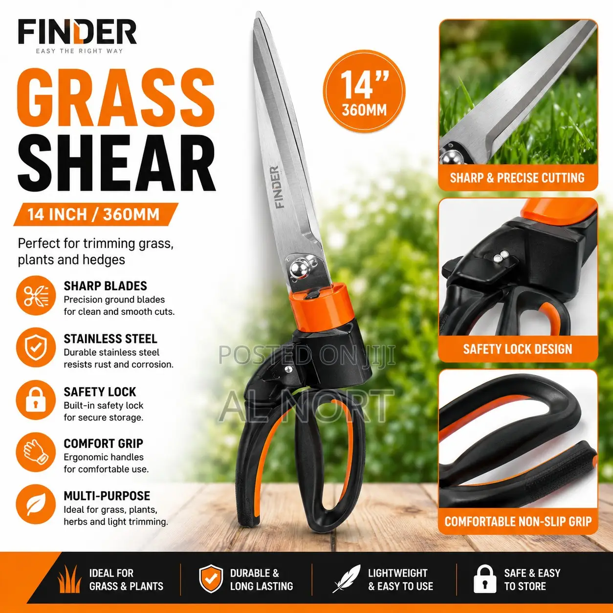 FINDER Grass Shear – 14 Inch – Stainless Steel – Orange Black