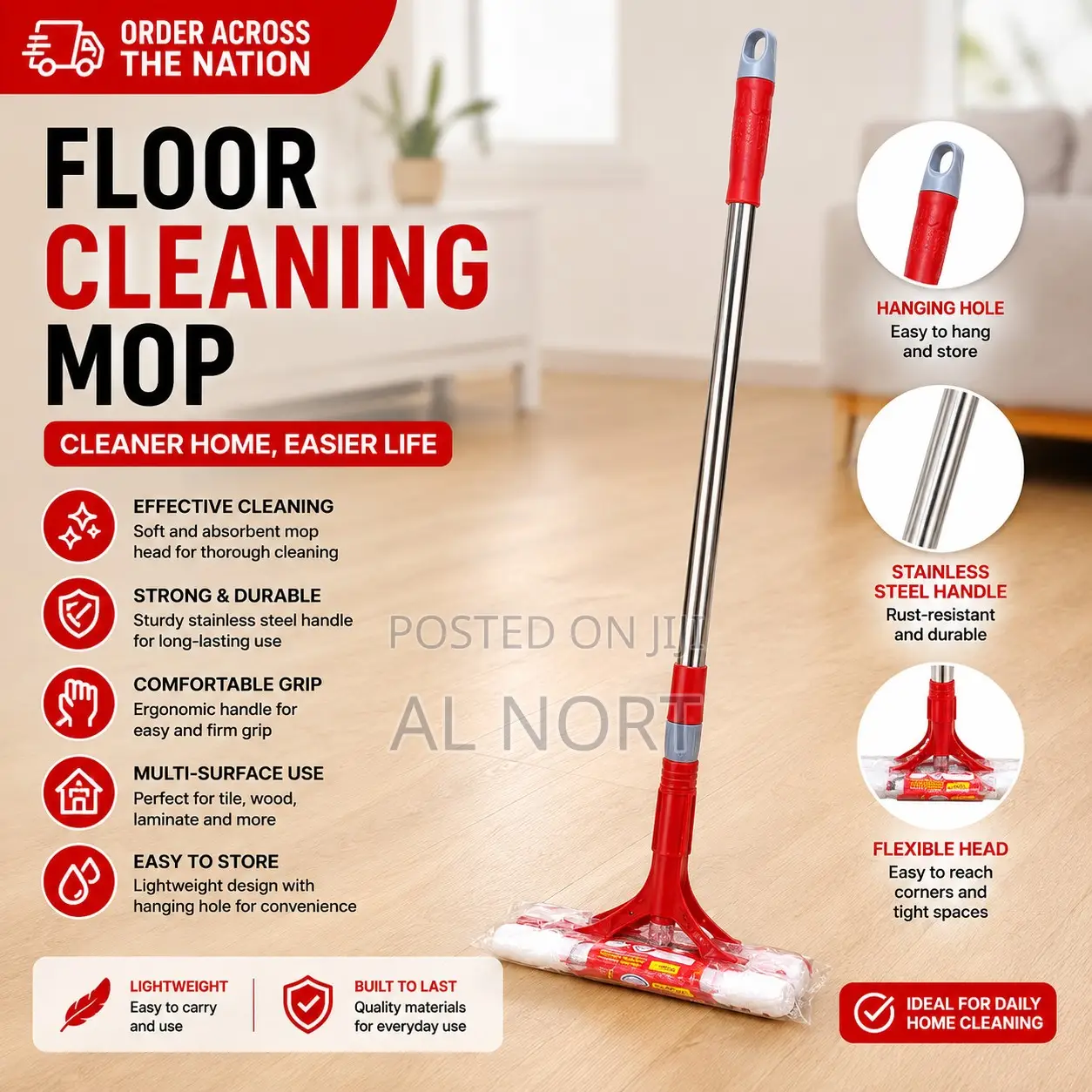 Long Handle Floor Cleaning Mop – Red Silver