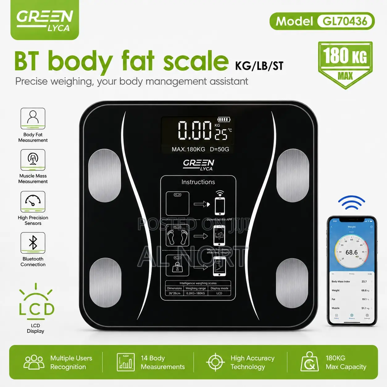 GREEN LYCA GL70436 Bluetooth Body Fat Scale – 180kg – Black