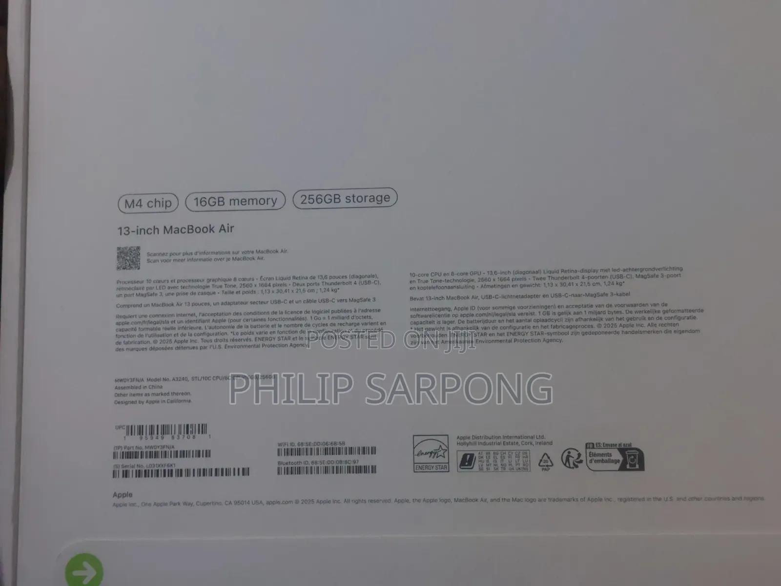 New Laptop Apple MacBook Air 2025 M4 16GB Apple M4 SSD 256GB