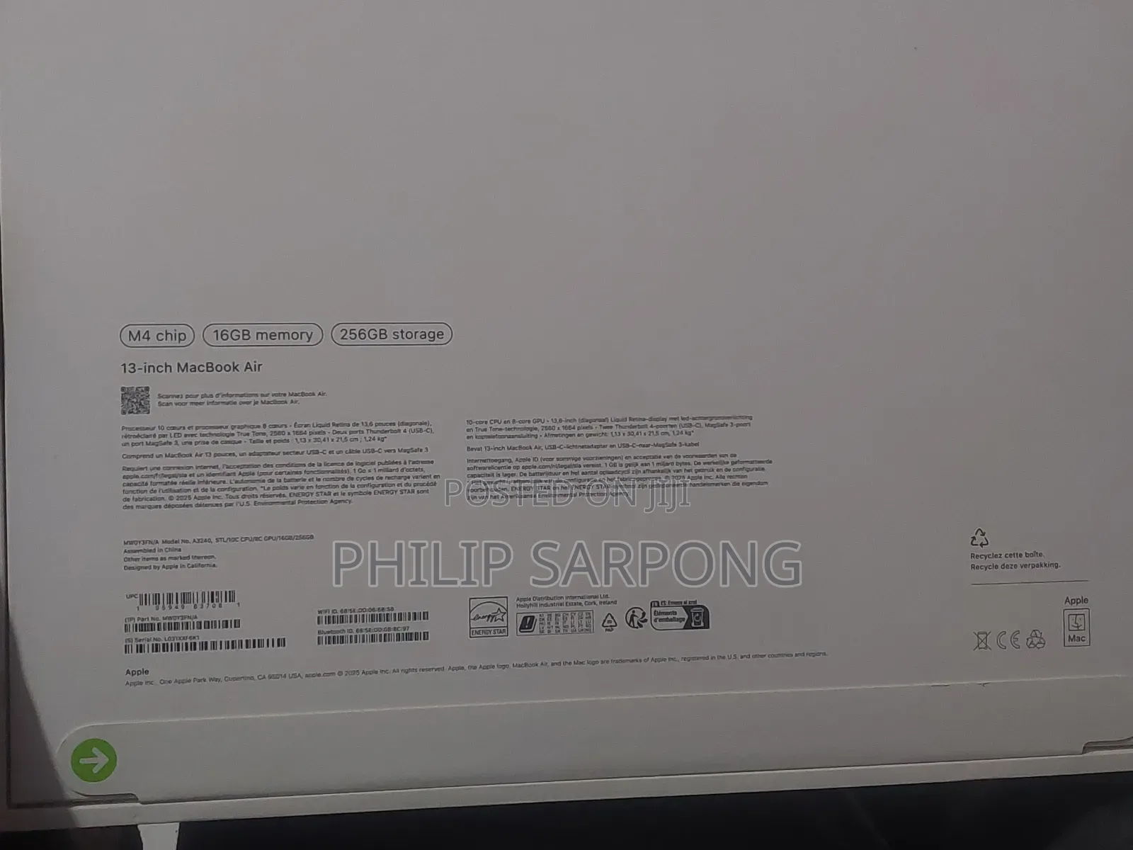 New Laptop Apple MacBook Air 2025 M4 16GB Apple M4 SSD 256GB
