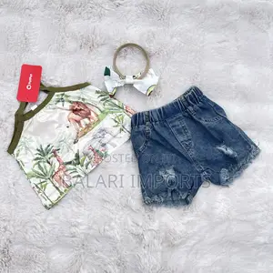 Adorable Baby Girl Jungle Print Top Denim Shorts Set 
