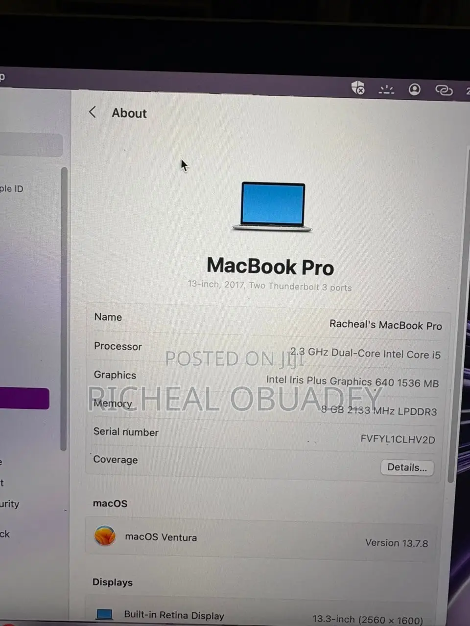 Laptop Apple MacBook Pro 2017 8GB Intel Core i5 SSD 256GB