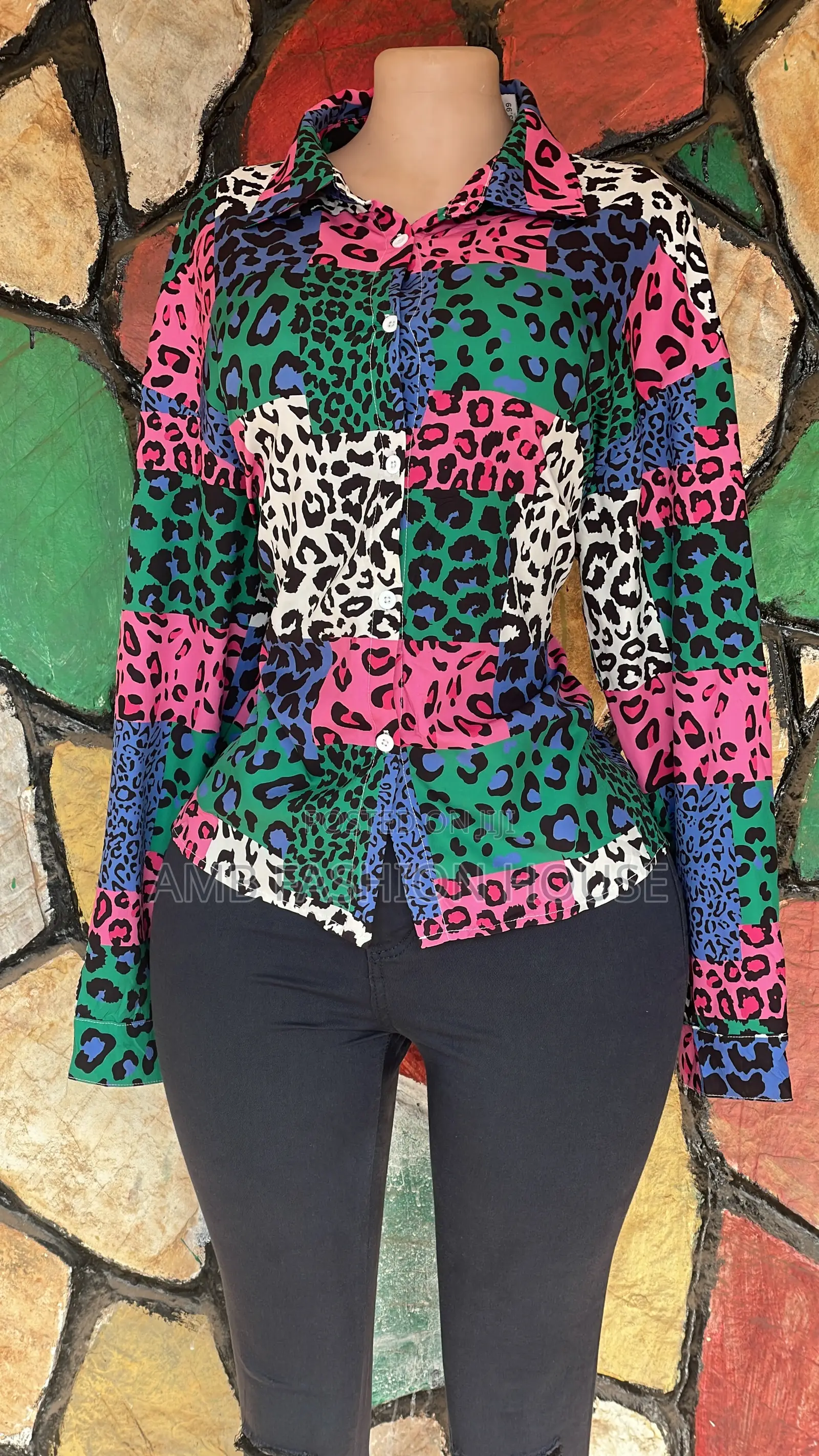 Multicolor Retro Patchwork Leopard Print Collared Shirt