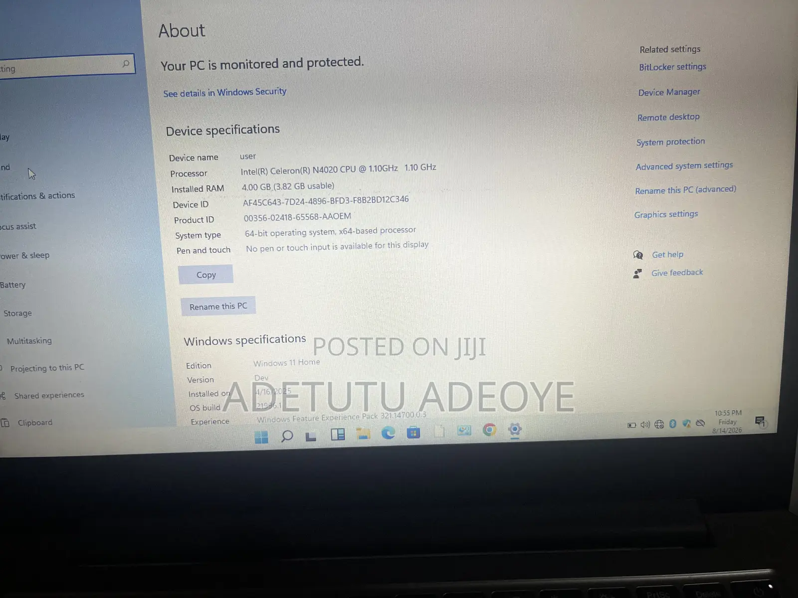 New Laptop Lenovo IdeaPad 1 4GB Intel SSD 60GB