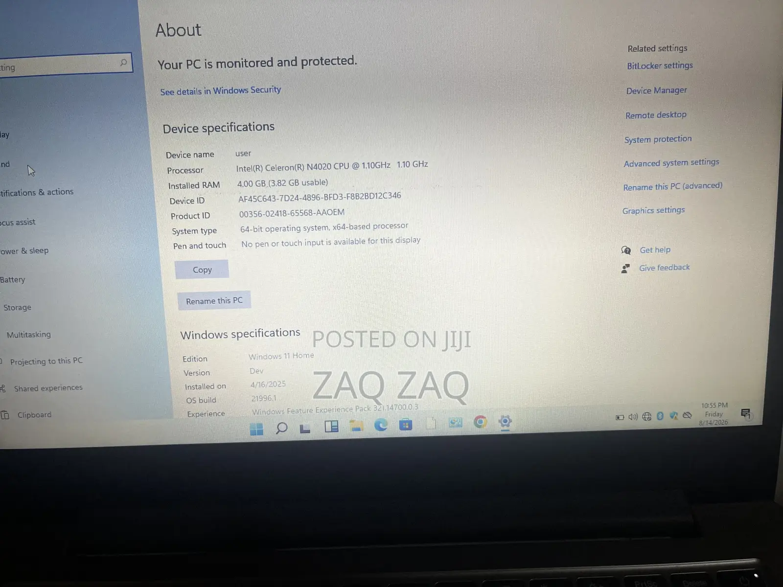 New Laptop Lenovo 4GB Intel SSD 60GB