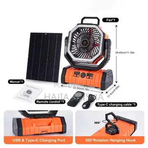 20,000mAh Solar Rechargeable Fan With Lamp, Remote Solar Panel