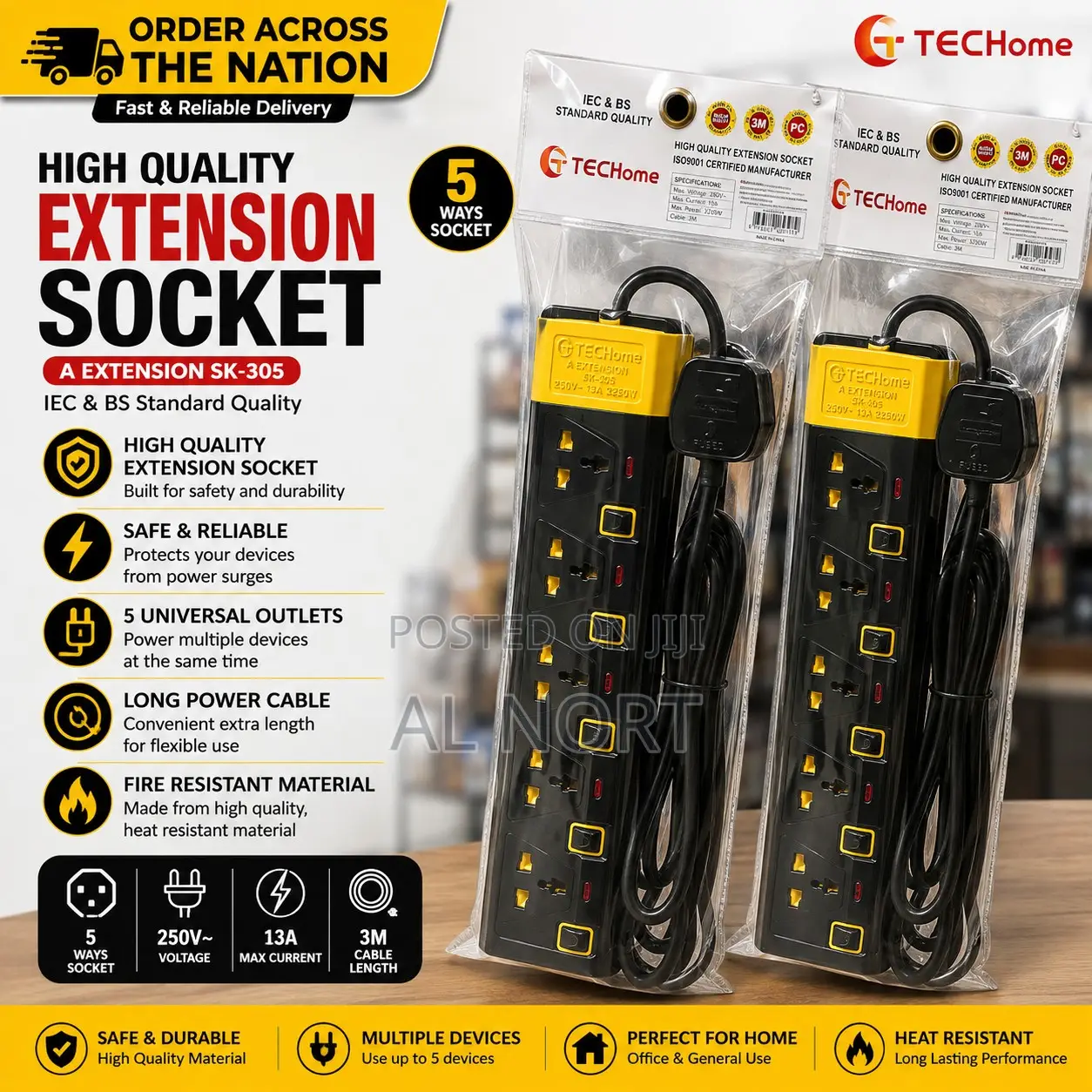TEChome a Extension SK-305 5-Way Extension Socket – Black Yellow