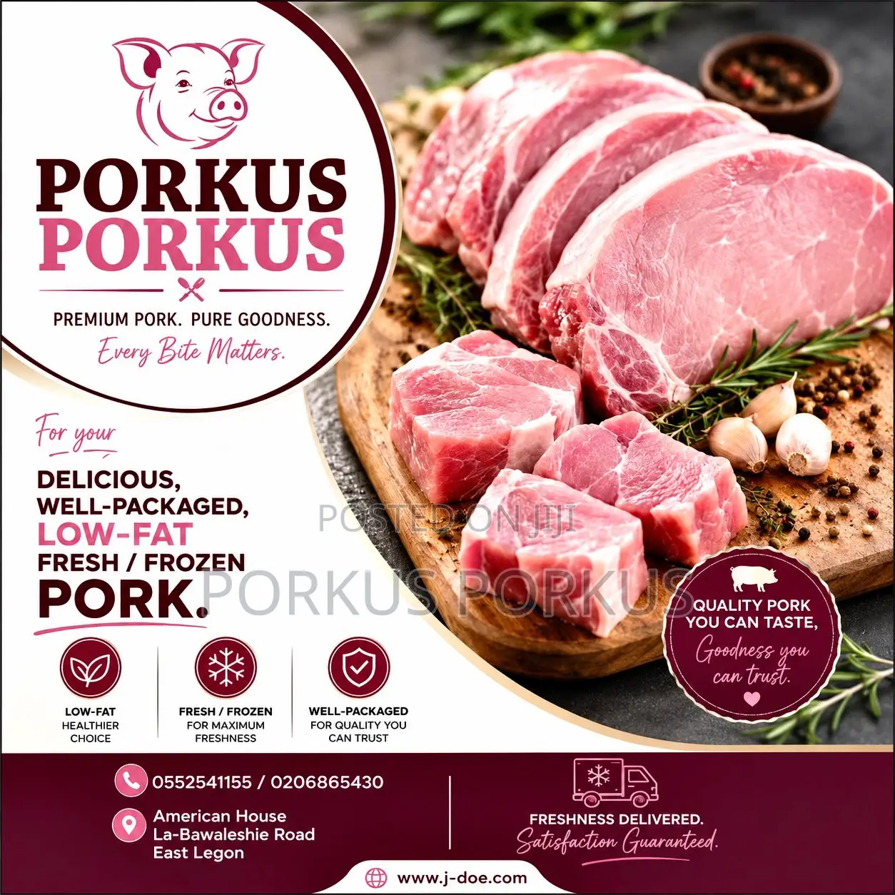 Frozen/Fresh Pork for Sale at American House, East Legon, Accra.