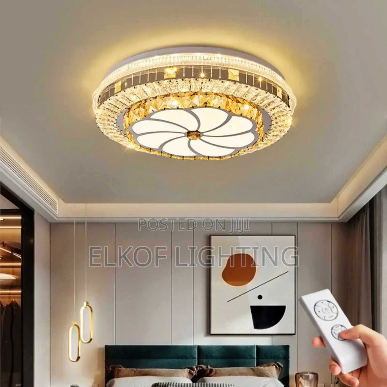 Modern Crystal Ceiling Light With Remote Control Flush Mount Fixture