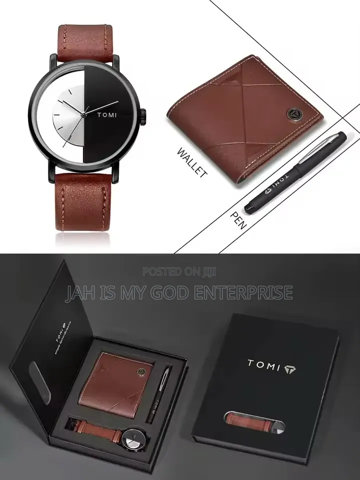 Tomi 3PCS T080 Luxury Business Gift Box Set Men Watch + Wallet + Pen