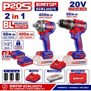 EMTOP ECKL20275 20V Brushless Drill 400Nm Impact Wrench Combo Kit