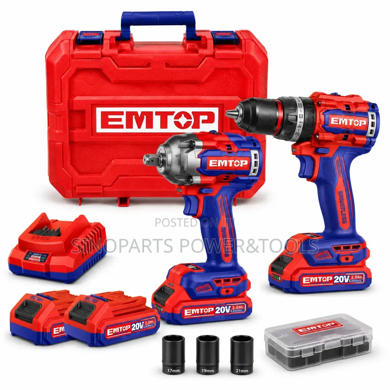 EMTOP ECKL20275 20V Brushless Drill 400Nm Impact Wrench Combo Kit