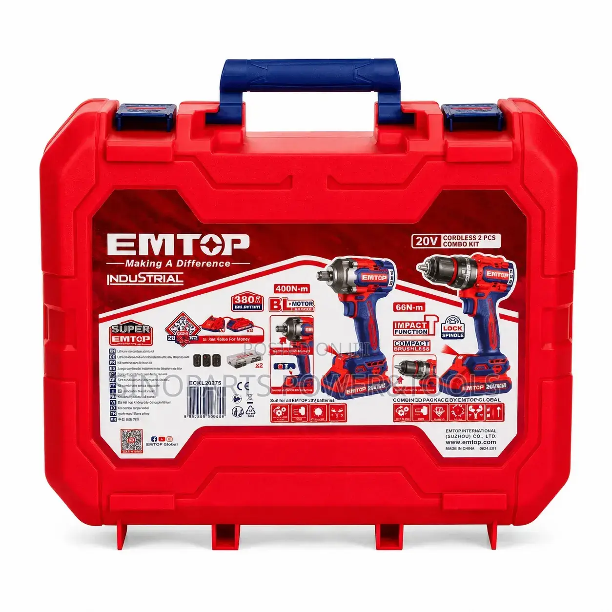 EMTOP ECKL20275 20V Brushless Drill 400Nm Impact Wrench Combo Kit