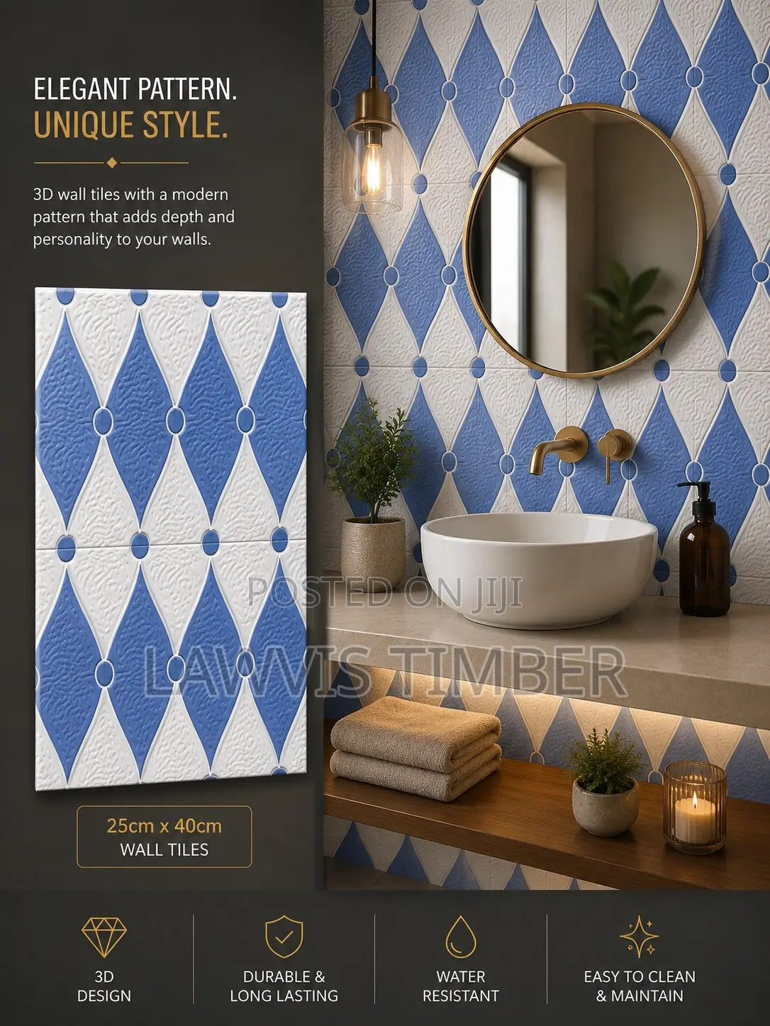 25x40cm Sapphire Royale 3D Blue White Wall Tiles
