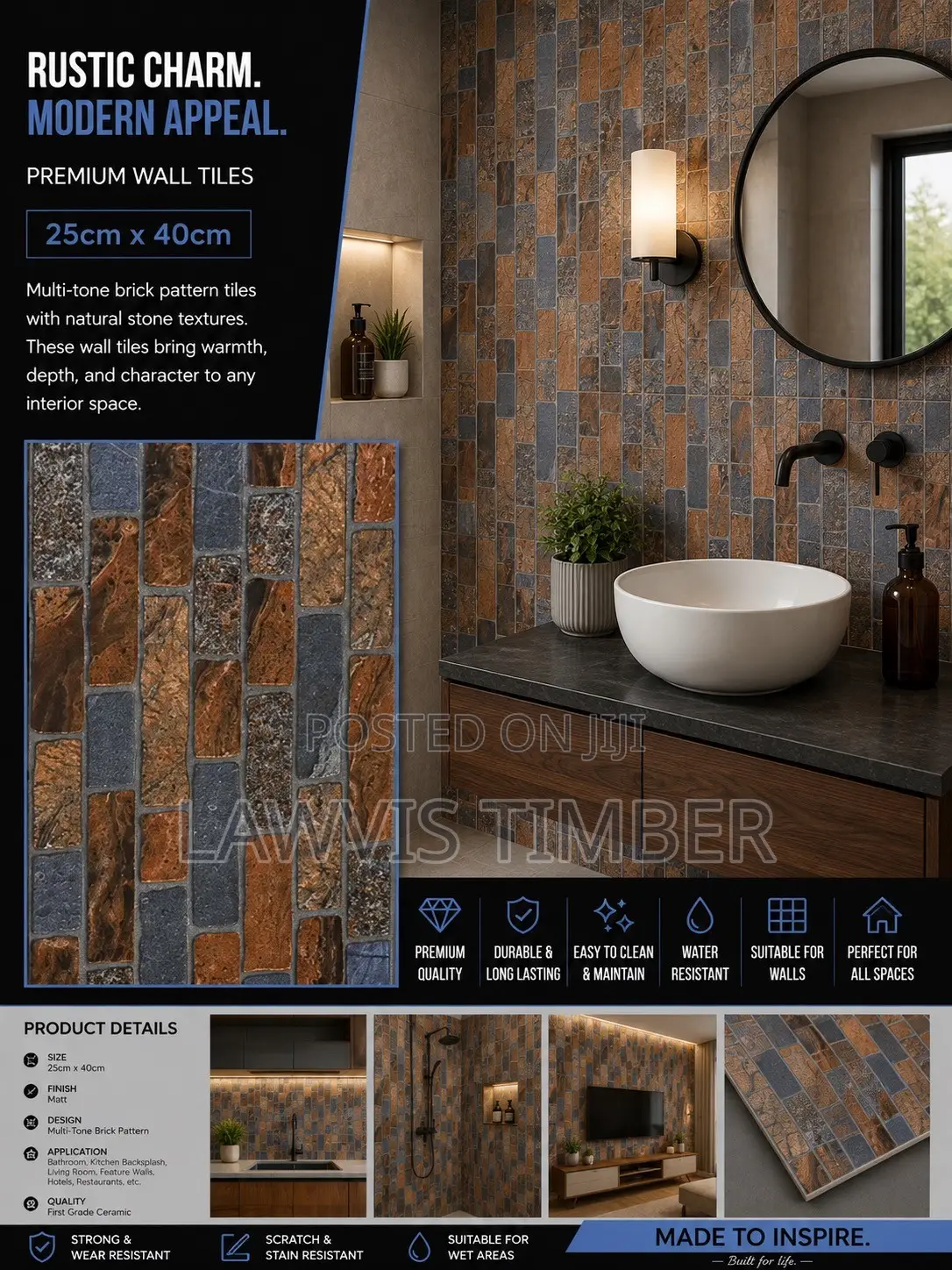 25x40cm Copper Slate 3D Stone Effect Wall Tiles