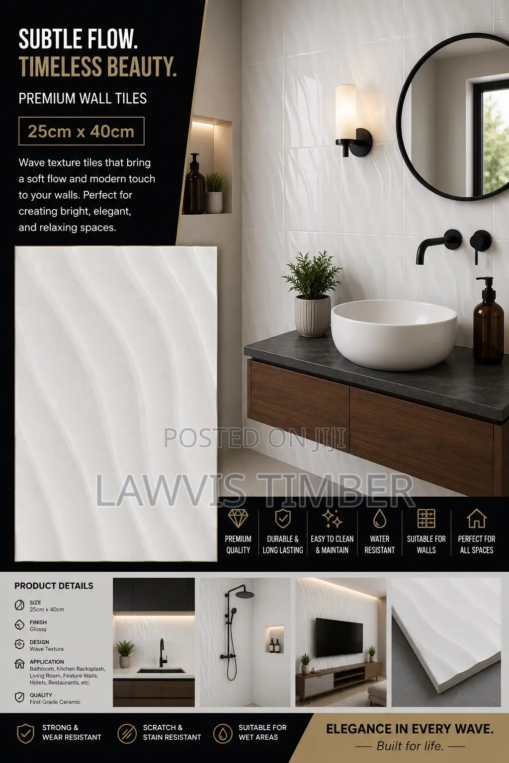 25x40cm Ivory Silk Wave Glossy 3D Wall Tiles