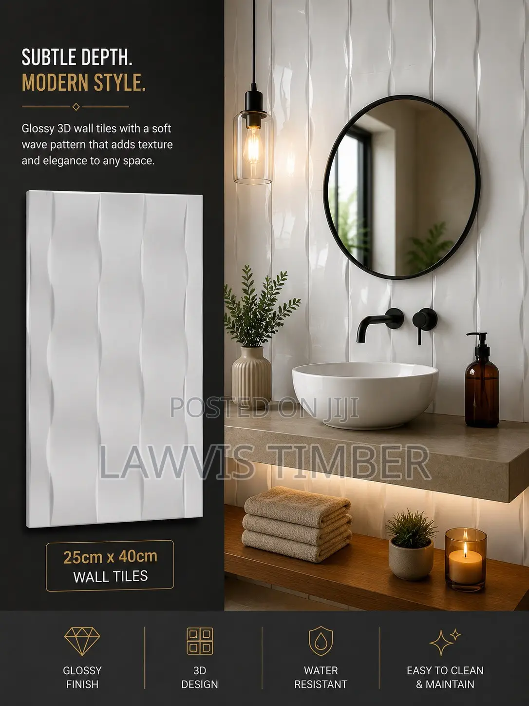 25x40cm Pearl Cascade 3D Glossy White Wall Tiles