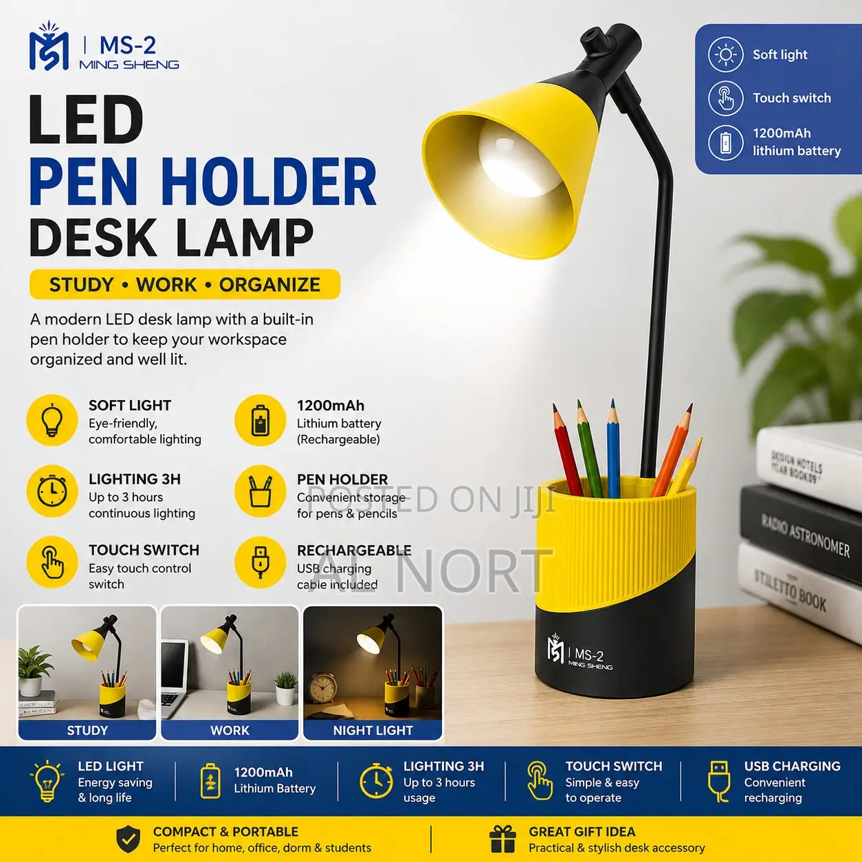 Sheng LED Pen Holder Desk Lamp – Yellow Black – Rechargeable