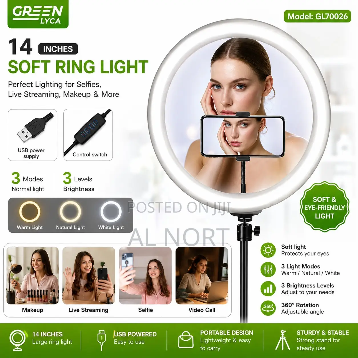 Green Lyca GL70026 14-Inch Soft Ring Light – USB Powered – 3 Modes