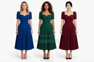 Women’s Elegant Pleated Midi Dress – Short Sleeve