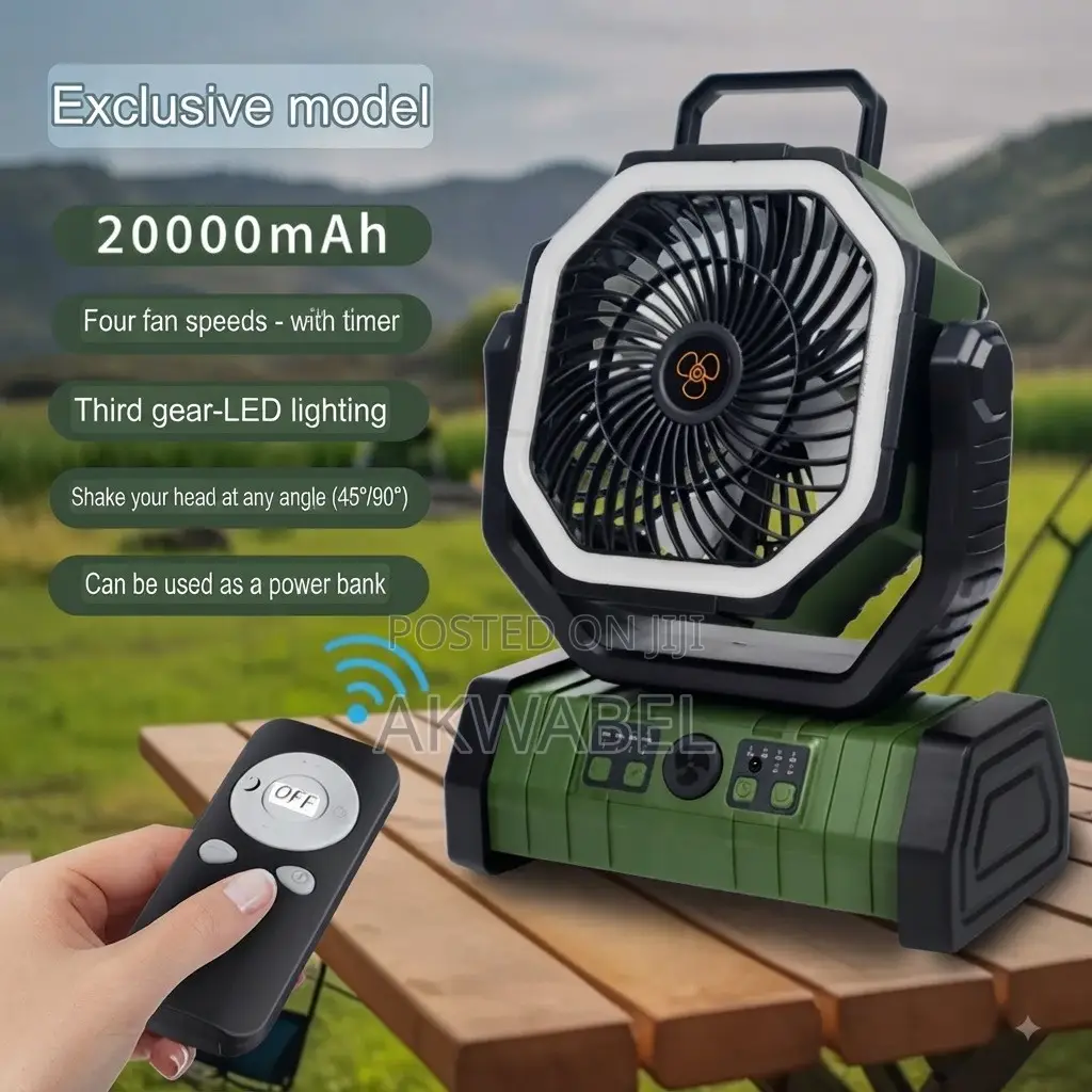 3-in-1 Rechargeable Portable Fan 20000mAh + Light,Remote Power Bank