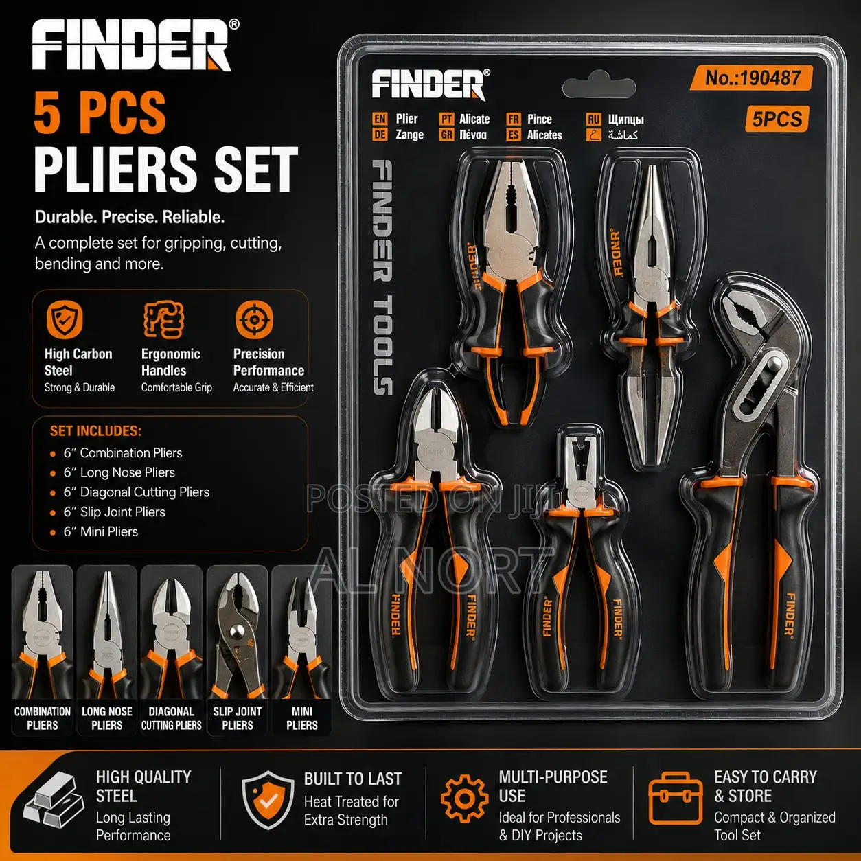 FINDER No. 190487 5-Piece Pliers Set – Black Orange