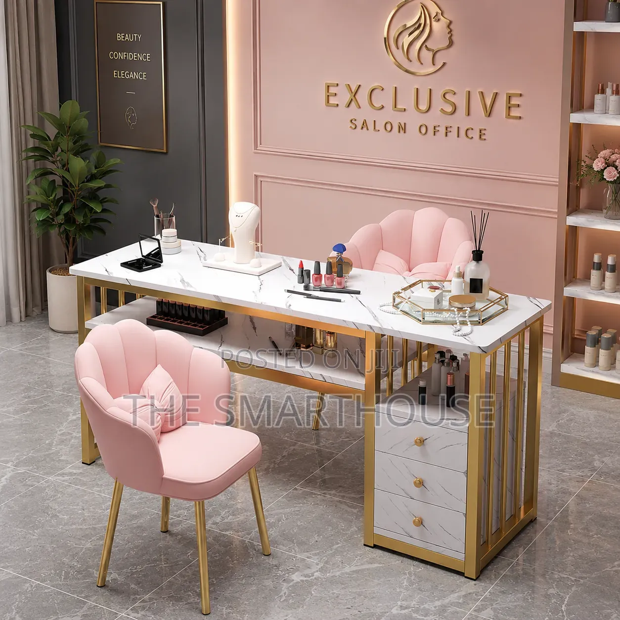 Luxury Marble Salon Nail Table – 3 Drawers + 2 Chairs