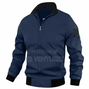 Men's Navy Blue Stand-Collar Bomber Jacket With Sleeve Emblem