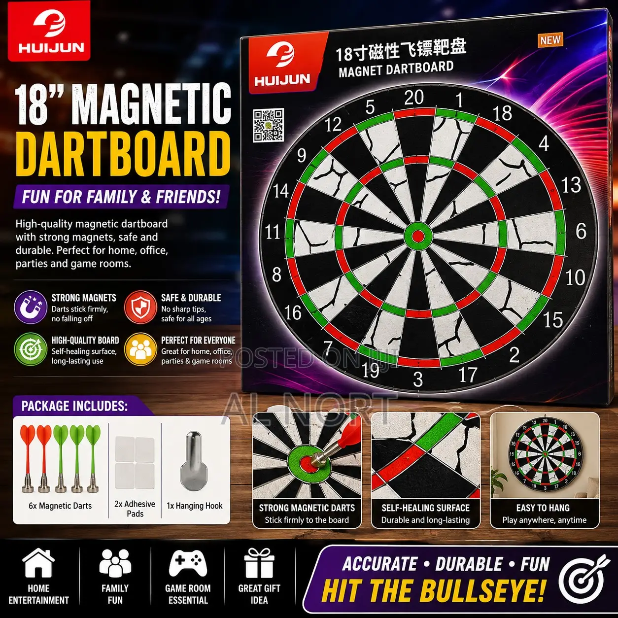 HUIJUN 18-Inch Magnetic Dartboard