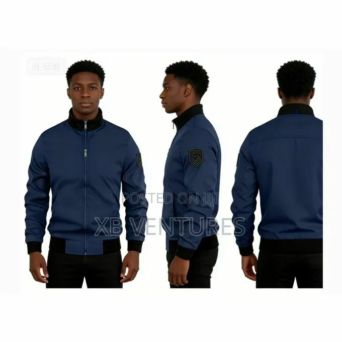 Men's Navy Blue Stand-Collar Bomber Jacket With Sleeve Emblem