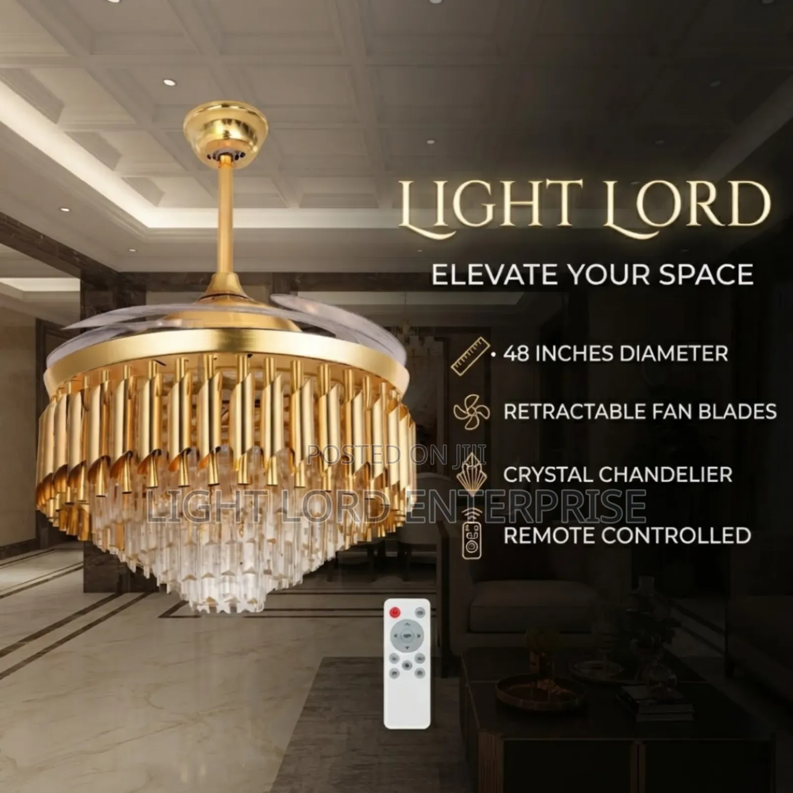 Pure Gold Color Chandelier Fan Light