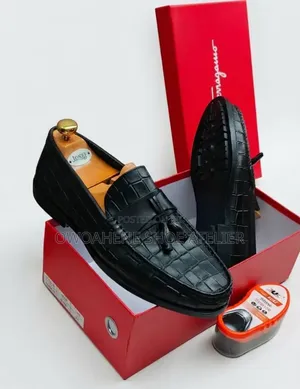 Ferragamo Black Crocodile-Embossed Leather Tassel Loafer