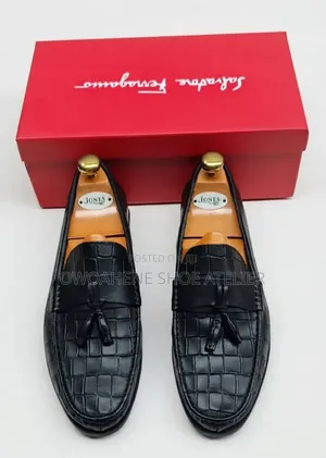 Ferragamo Black Crocodile-Embossed Leather Tassel Loafer