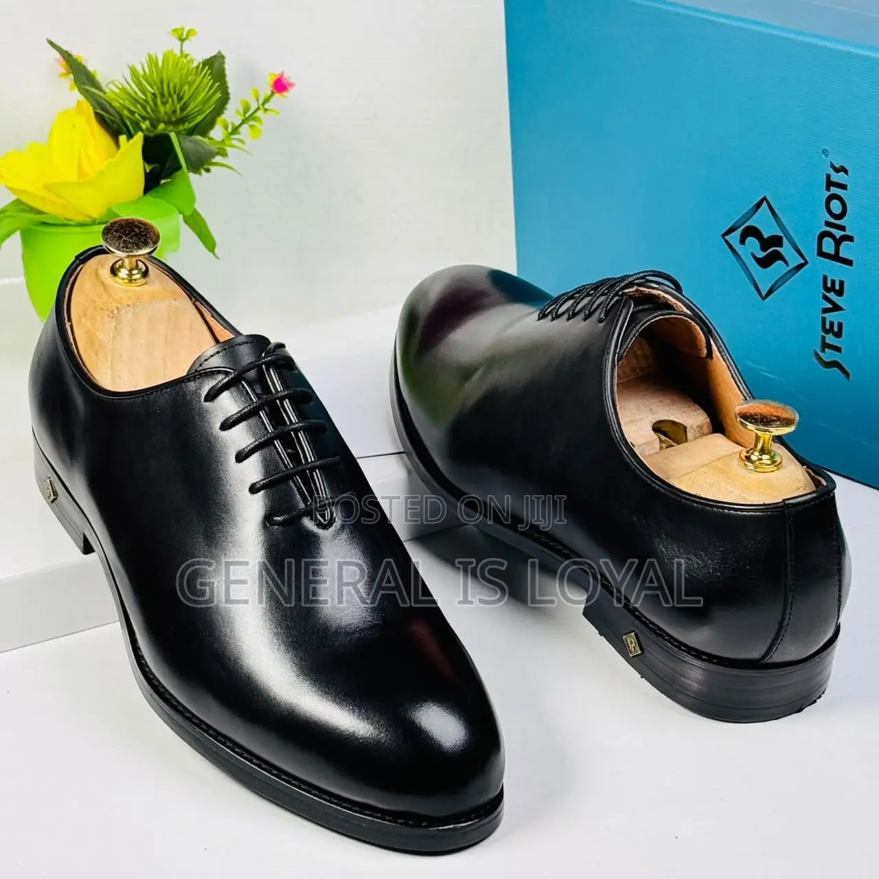 Steve Riots Plain Black Mens Leather Lace Shoe