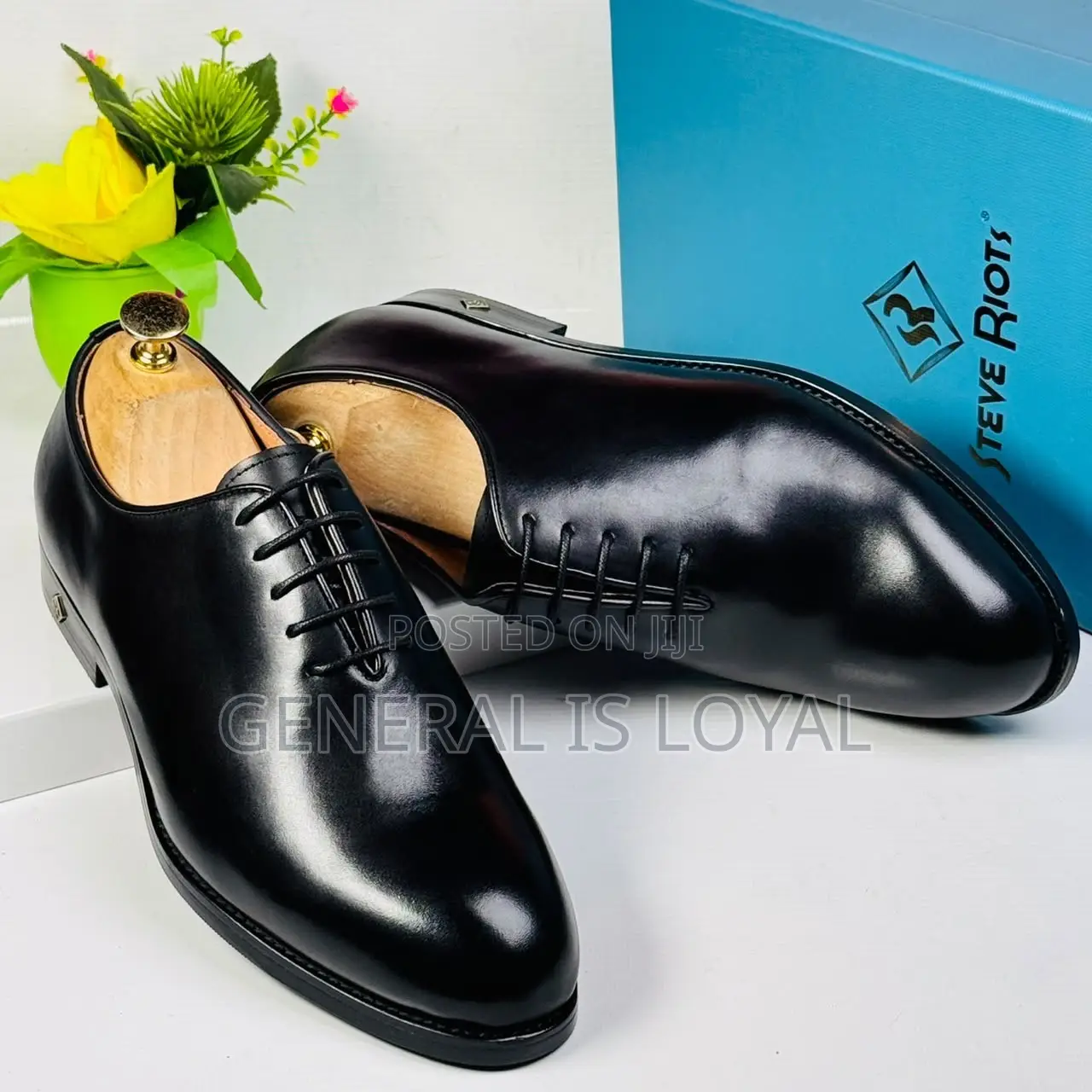 Steve Riots Plain Black Mens Leather Lace Shoe