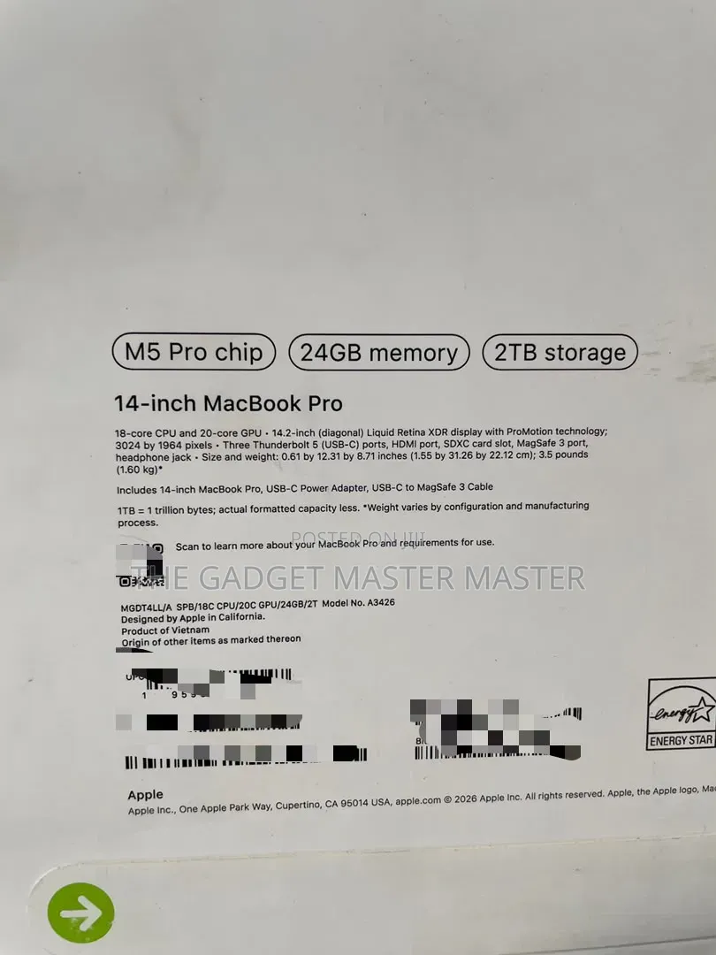 New Laptop Apple MacBook Pro 2026 M5 Pro 24GB Apple M5 Pro SSD 2T