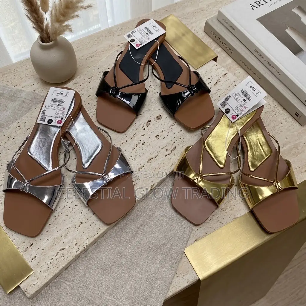 Zara Metallic Strappy Flat Slippers - Black, Silver Gold