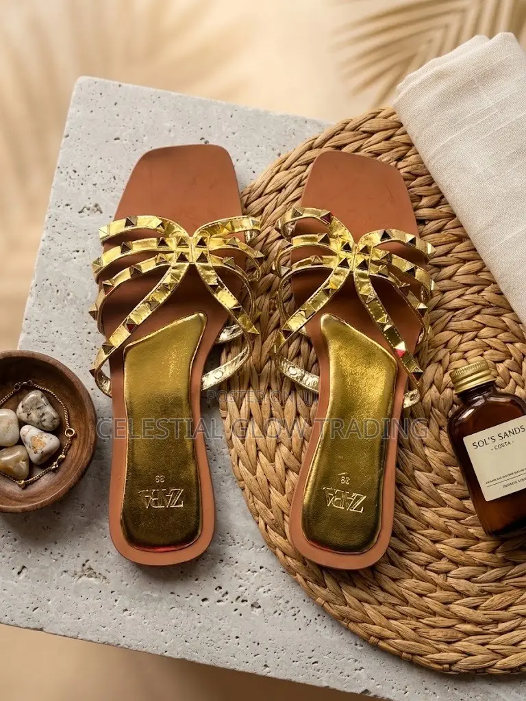 Zara Gold Studded Strappy Flat Slippers
