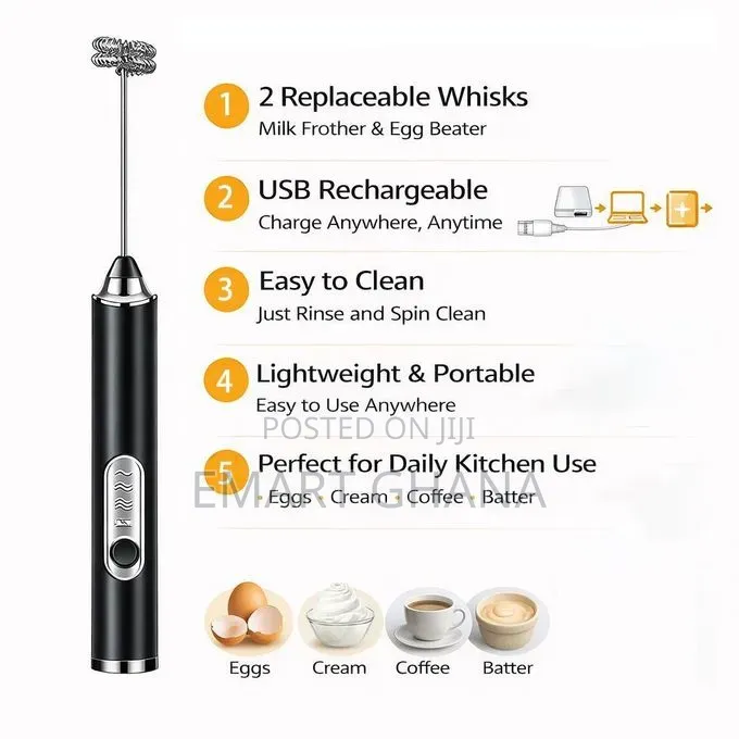 KITCHA Rechargeable Milk Frother Electric Egg Beater – 3-Speed USB