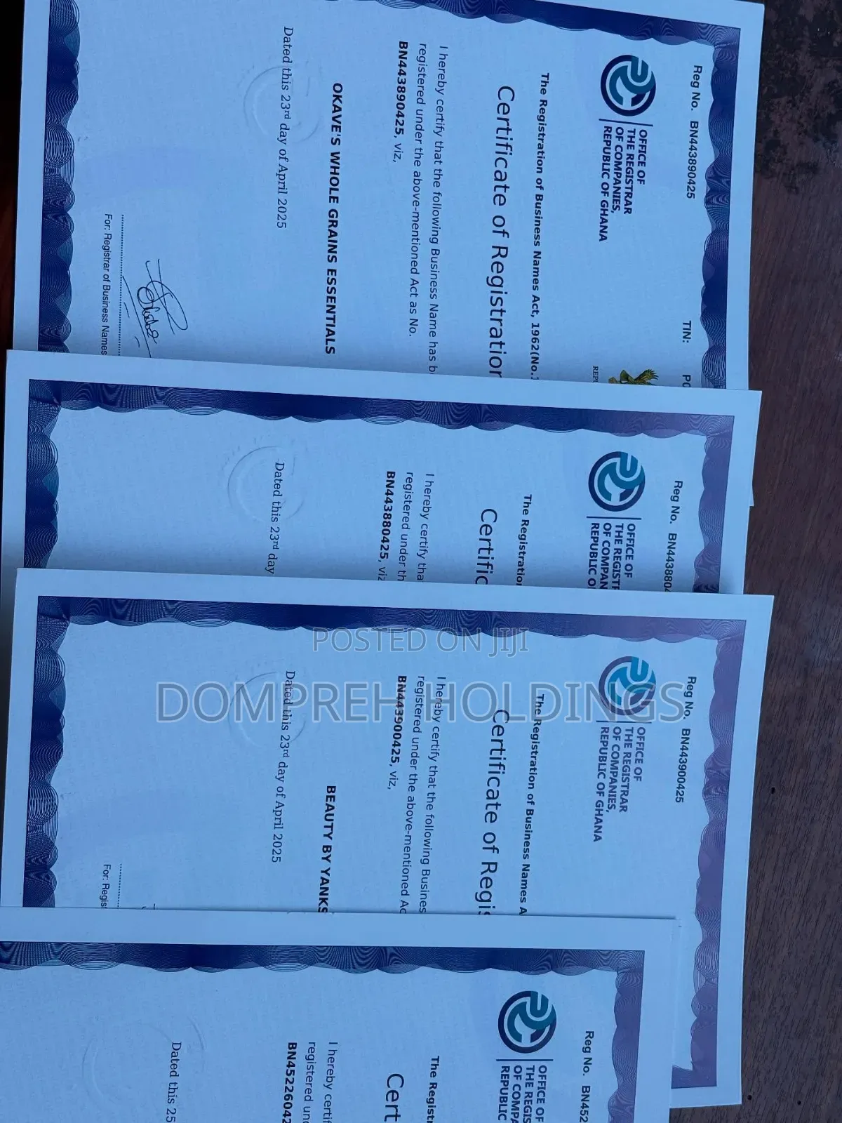 Business Name Registration Certificates