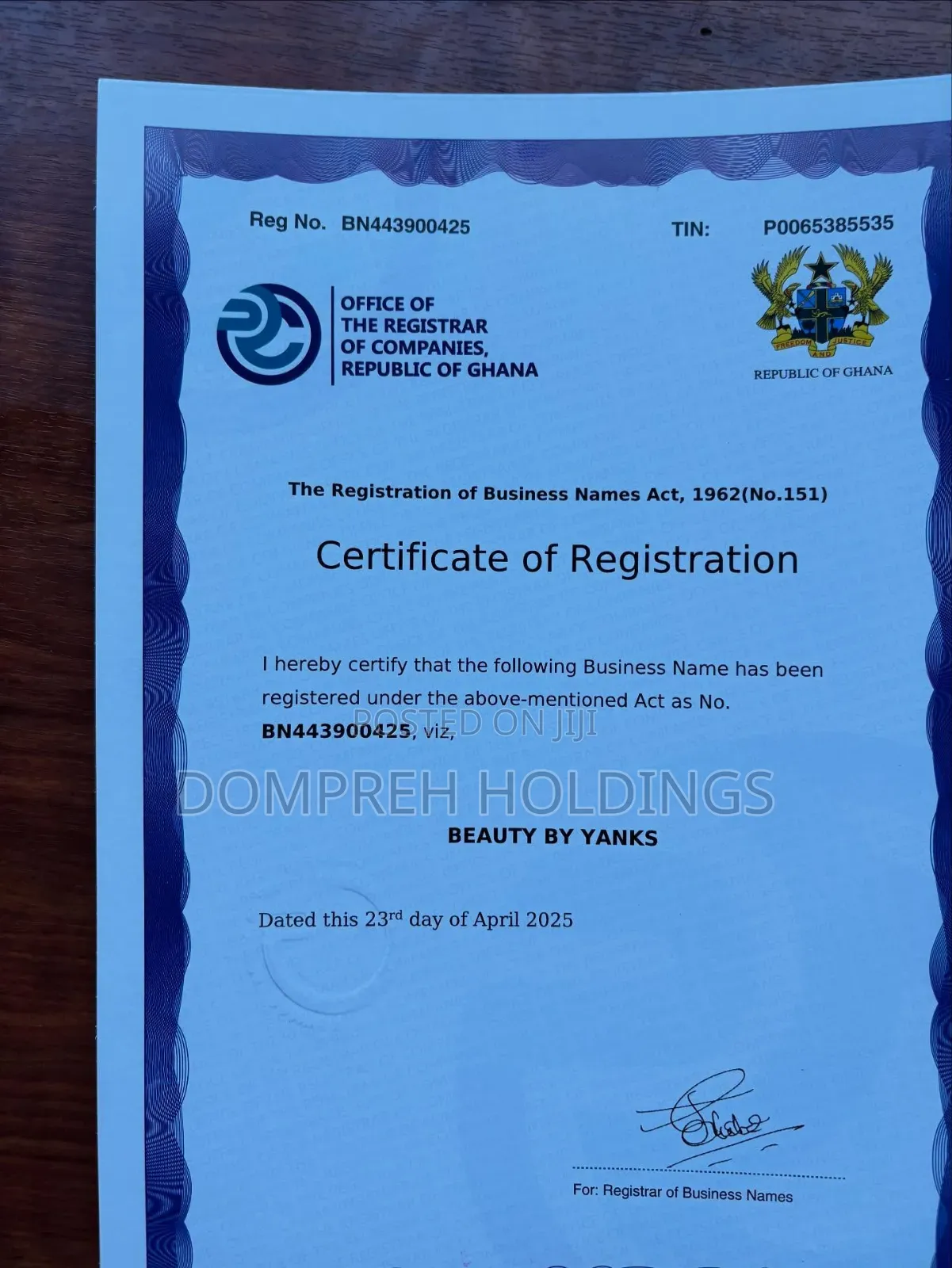 Business Name Registration Certificates