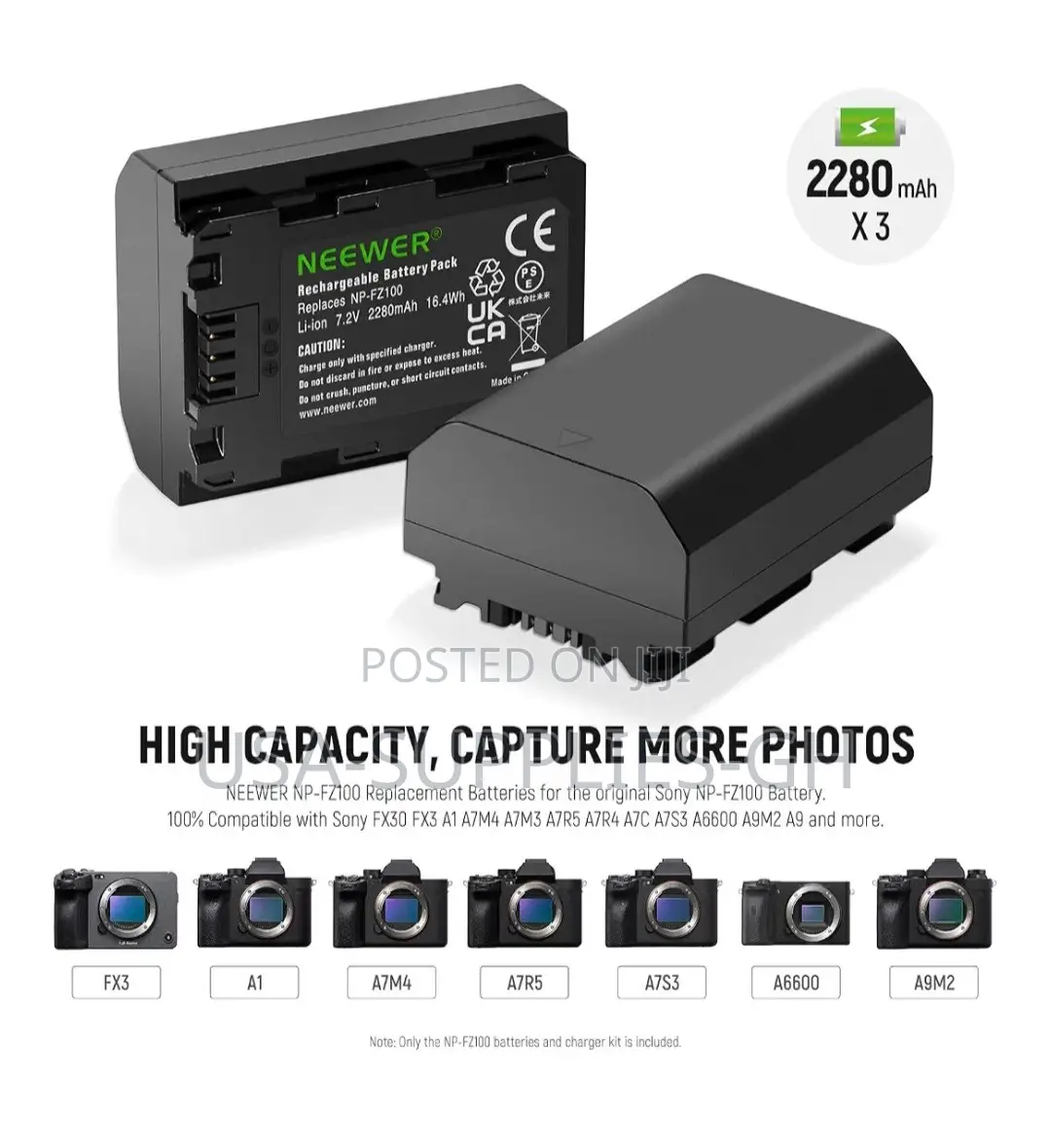 NEEWER 3 Pack 2280mAh Sony NP-FZ100 Battery With Charger From Usa