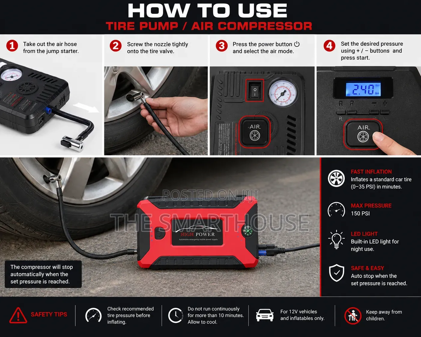 Smart Battery Car Jumper Starter With Tire Inflator