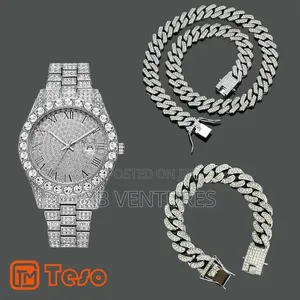 3 in 1 Men's Quartz Watch With Chain Necklace Bracelet - Silver